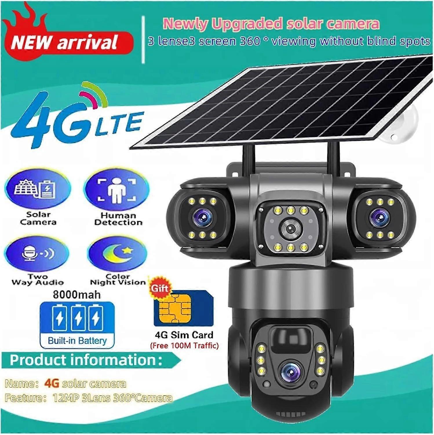 Caméra de sécurité solaire extérieure sans fil WiFi 3 objectif 3 écran 10X Zoom PIR Caméras de détection humaine Vision nocturne CCTV Protection de sécurité -CAN