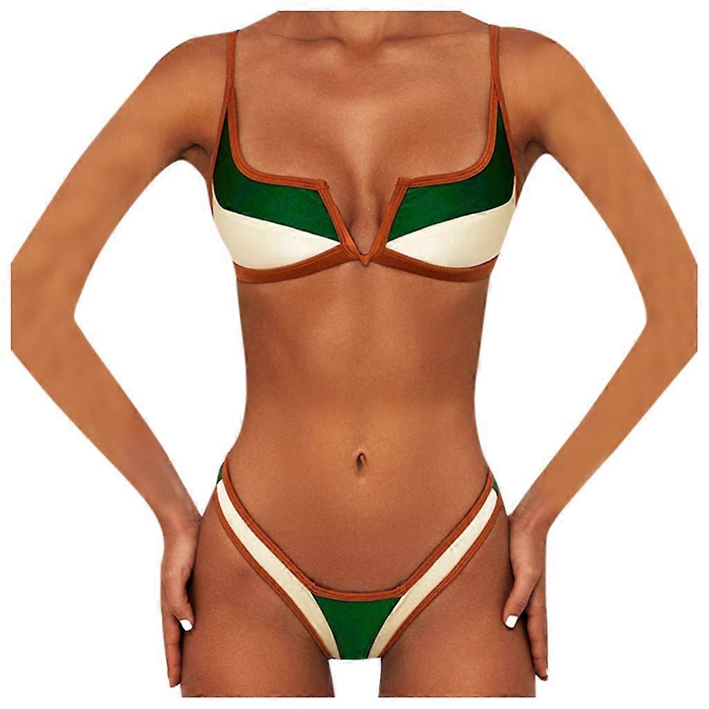 Patchwork Beach Push Swimsuits Bandeau Swimsuits Two Piece Bikini Set For Men Green Size S Patchwork Design