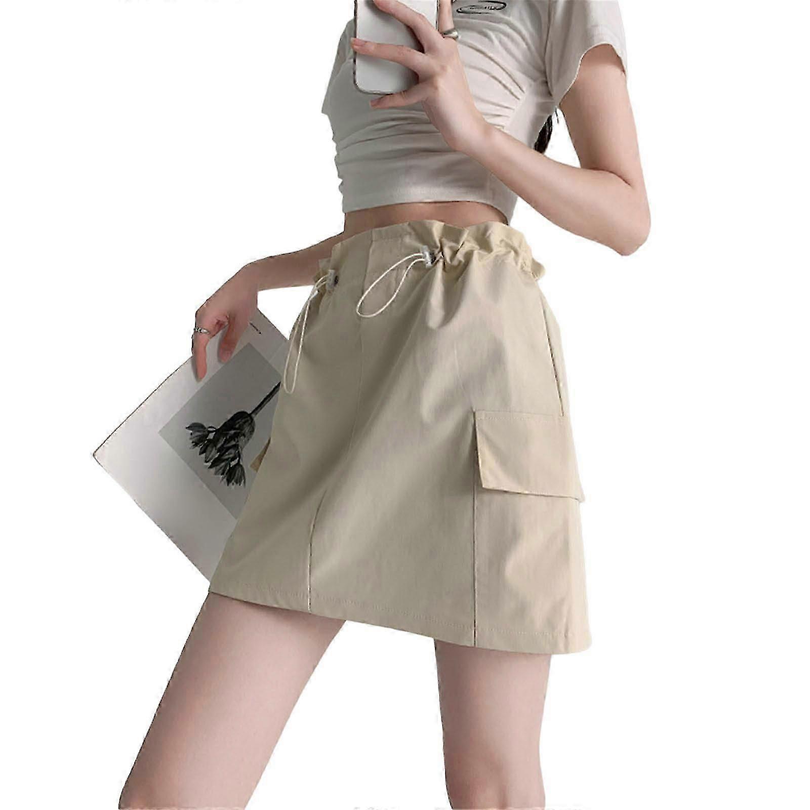 Womens Summer Drawstrings High Waist A Line Mini Cargo Skirt with Flap Pockets Solid Loose Flared Short Skirts Pink XL