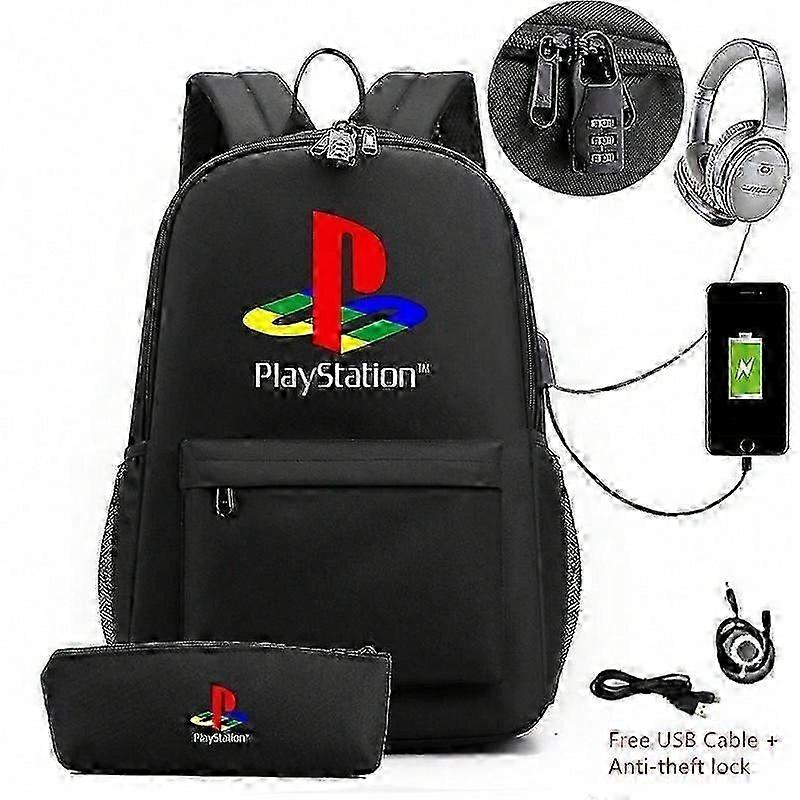 2 pcs/lot PS4 Playstation Canvas Backpack With Pencil Case School Bag Usb Charging School Bag Laptop Sports Mochila Escolar