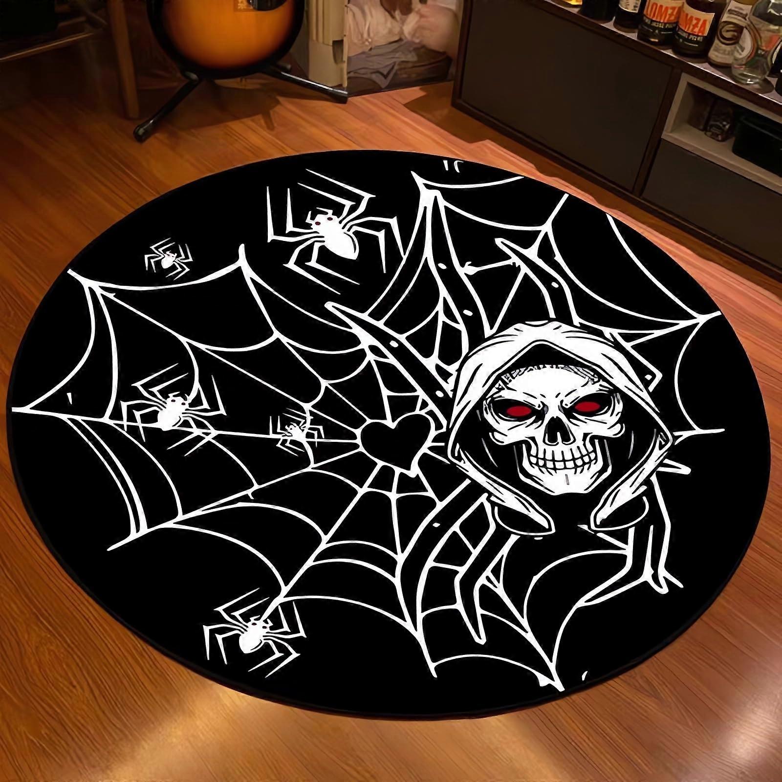 Halloween Rug Round Spider Web Area Rug Black Gothic NonSlip Washable 80x80cm Type2