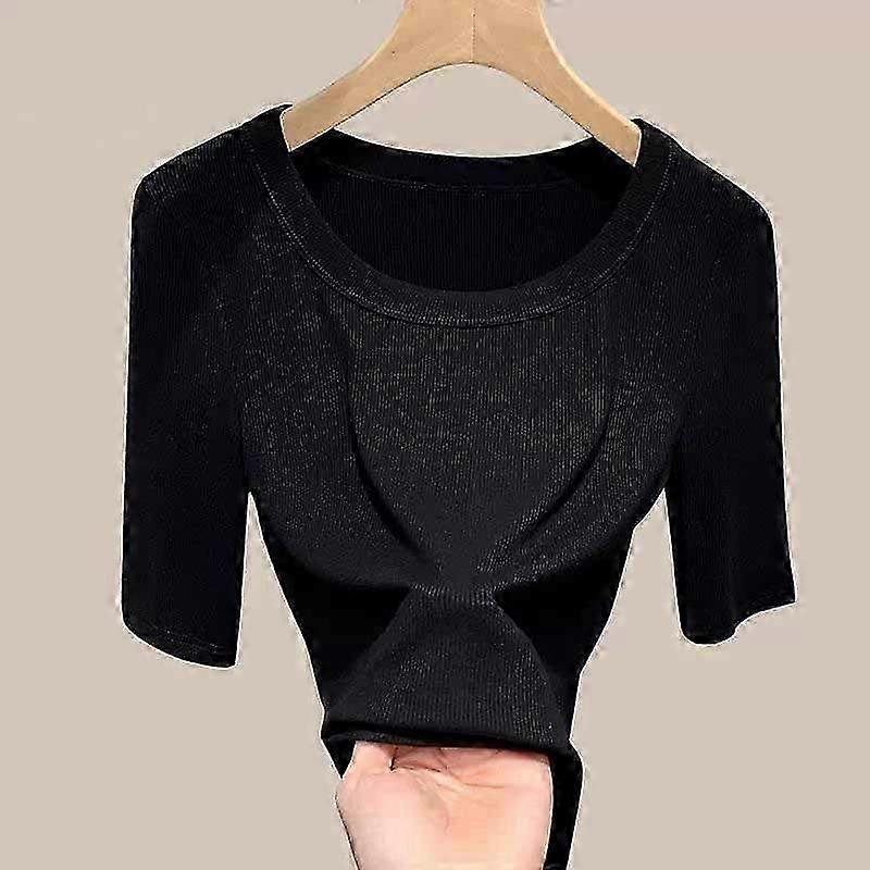 Spring Summer Women's Ribbed U-neck T-shirt with Elasticity