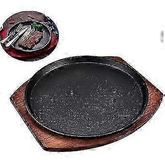 طبق ستيك دائري من الحديد الزهر مع مقبض أمان ، لوح تقديم خشبي ، مقلاة بيتزا ومقلاة شواء تيبانياكي