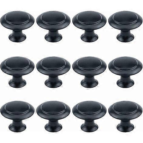 Pack of 12 black flat round cabinet knobs, 2.5 cm diameter.
