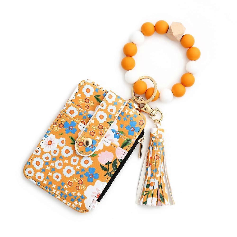 Boho Wristlet Wallets Beaded Flower Pattern Wallet Keychain Slim Card Holder Yellow Mini For Women Tassel