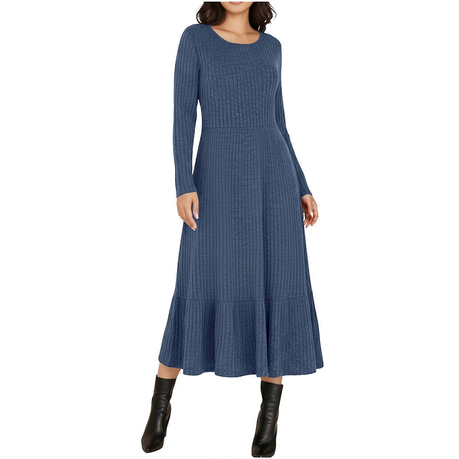 Womens Long Sleeve Dress Fall Rib Knit Round Neck A Line Soft Flowy Swing  Dresses with Pocket Casual Trendy Blue XL | Fruugo IE