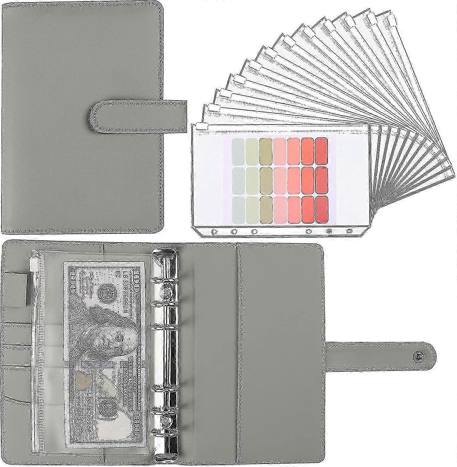 A6 Budget Binder with Cash Envelope, PU Leather Notebook - Green--Gray