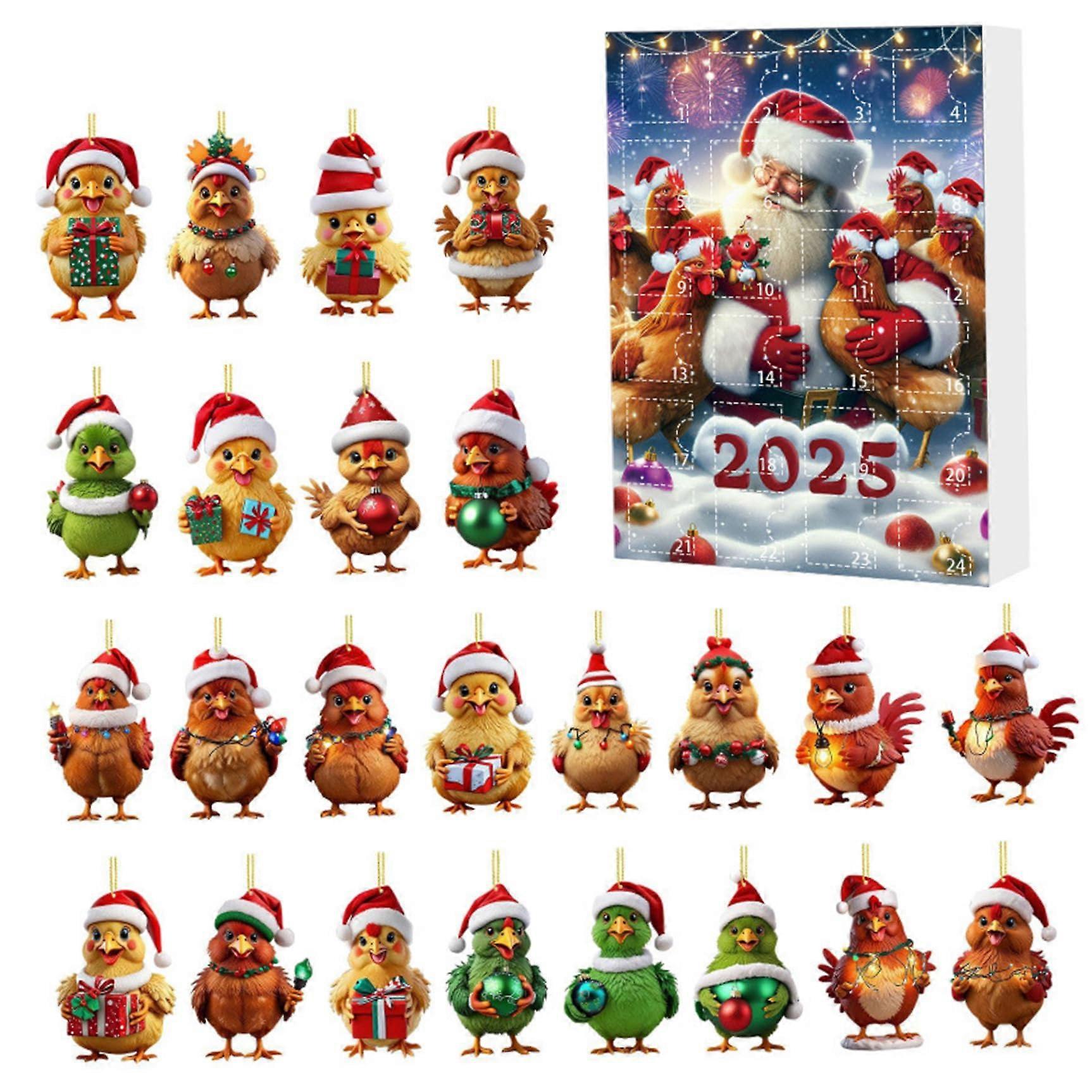 Christmas Advent Calendar 2025 with 24 Day Countdown and 2D Acrylic Chicken Ornaments for Kids and Adults Tree Door Window Decor