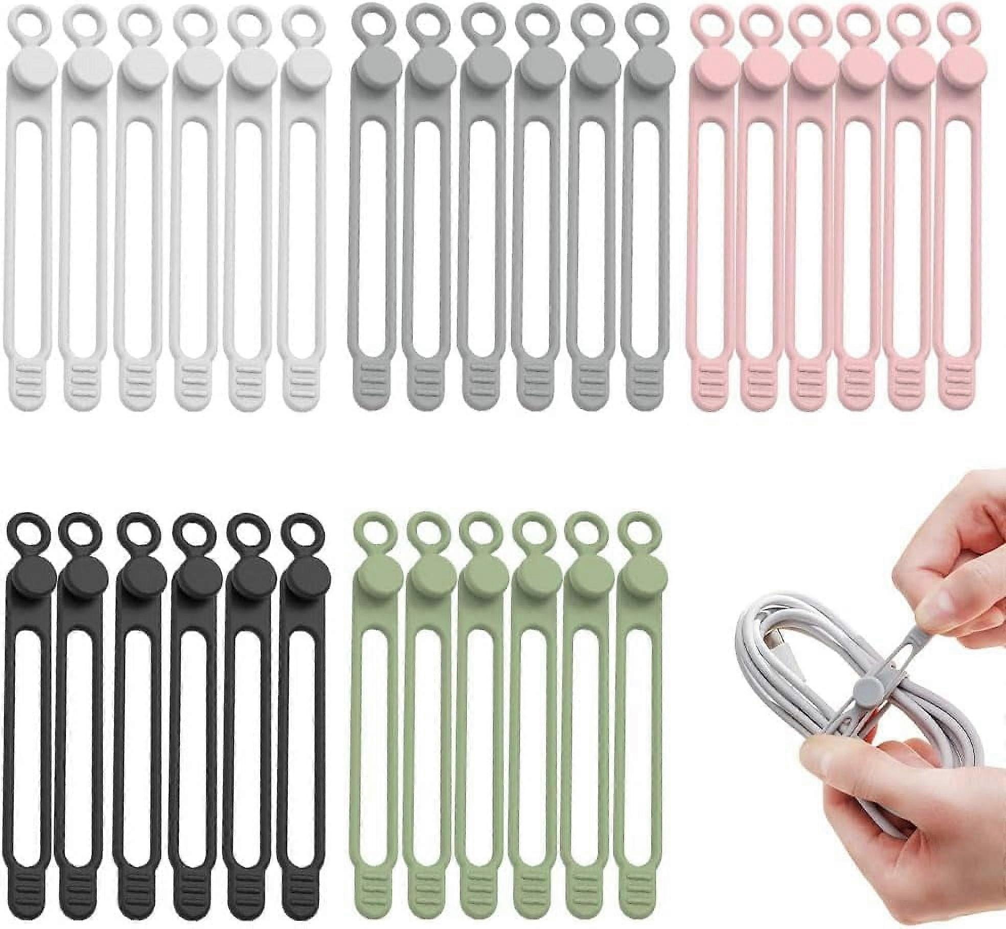 Silicone Cable Ties (30 Pcs) - Reusable Cord Organizer for Fastening & Bundling Wires, compatible with data cables