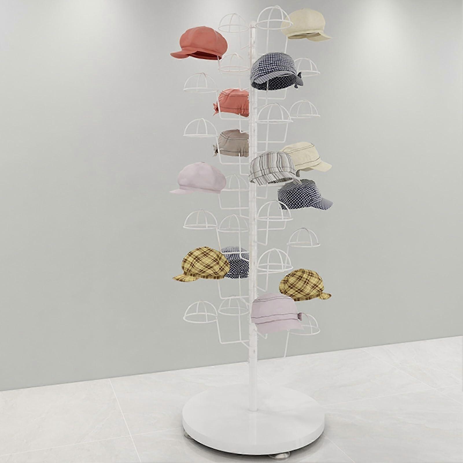 Adjustable Rotating Metal Hat Display Stand with Wheels, Large Capacity Hat Rack for Caps Wigs Helmets White