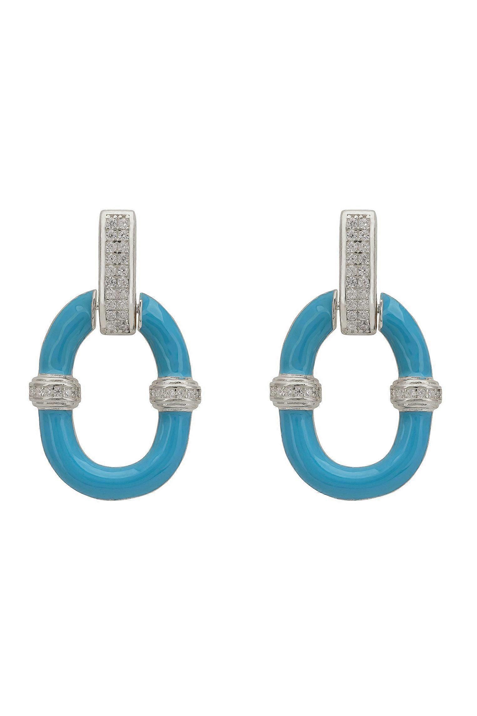 Turquoise Enamel Oval Drop Earrings Silver