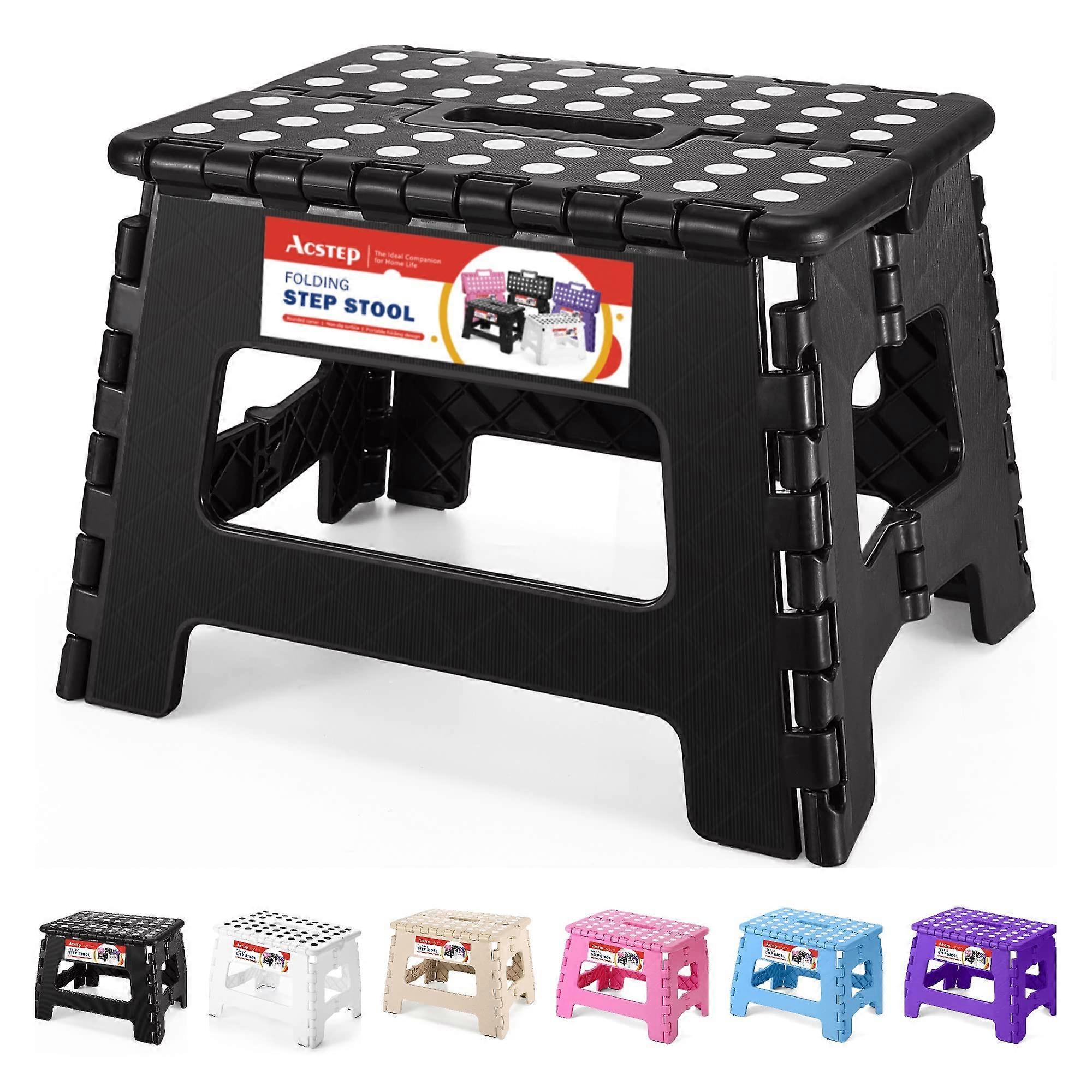 Folding Step Stool 9 Inch Black Plastic NonSlip Surface with Handle for Kids and Adults Holds 300lb
