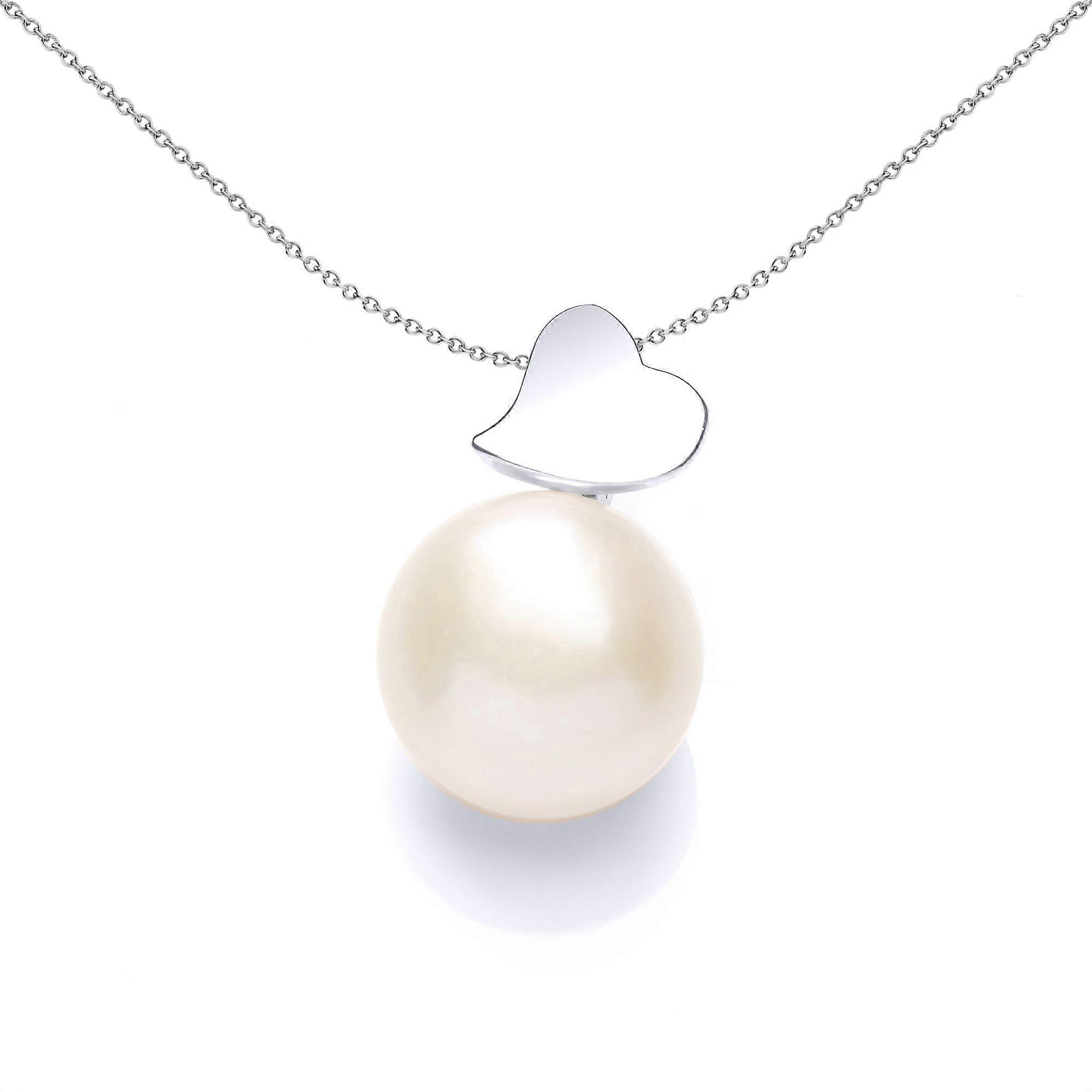 Jewelco London Ladies Sterling Silver Freshwater Cultured Pearl Full Moon Love Heart Charm Necklace 12mm 18 inch