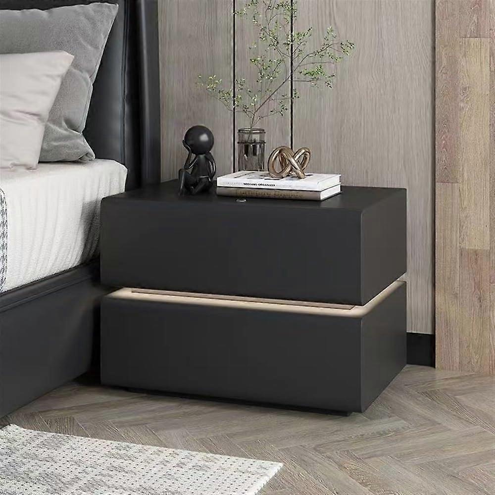Solid Wood Nightstand with Drawers, Modern Bedside Table with LED Lights, Leather Wrapped, Black