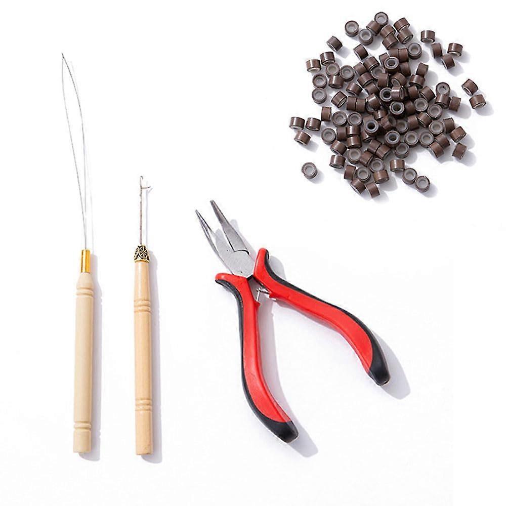 Hair Extensions Tools Kit with 200pcs Brown Silicone Nano Beads, Precision Pliers and Loop Threader