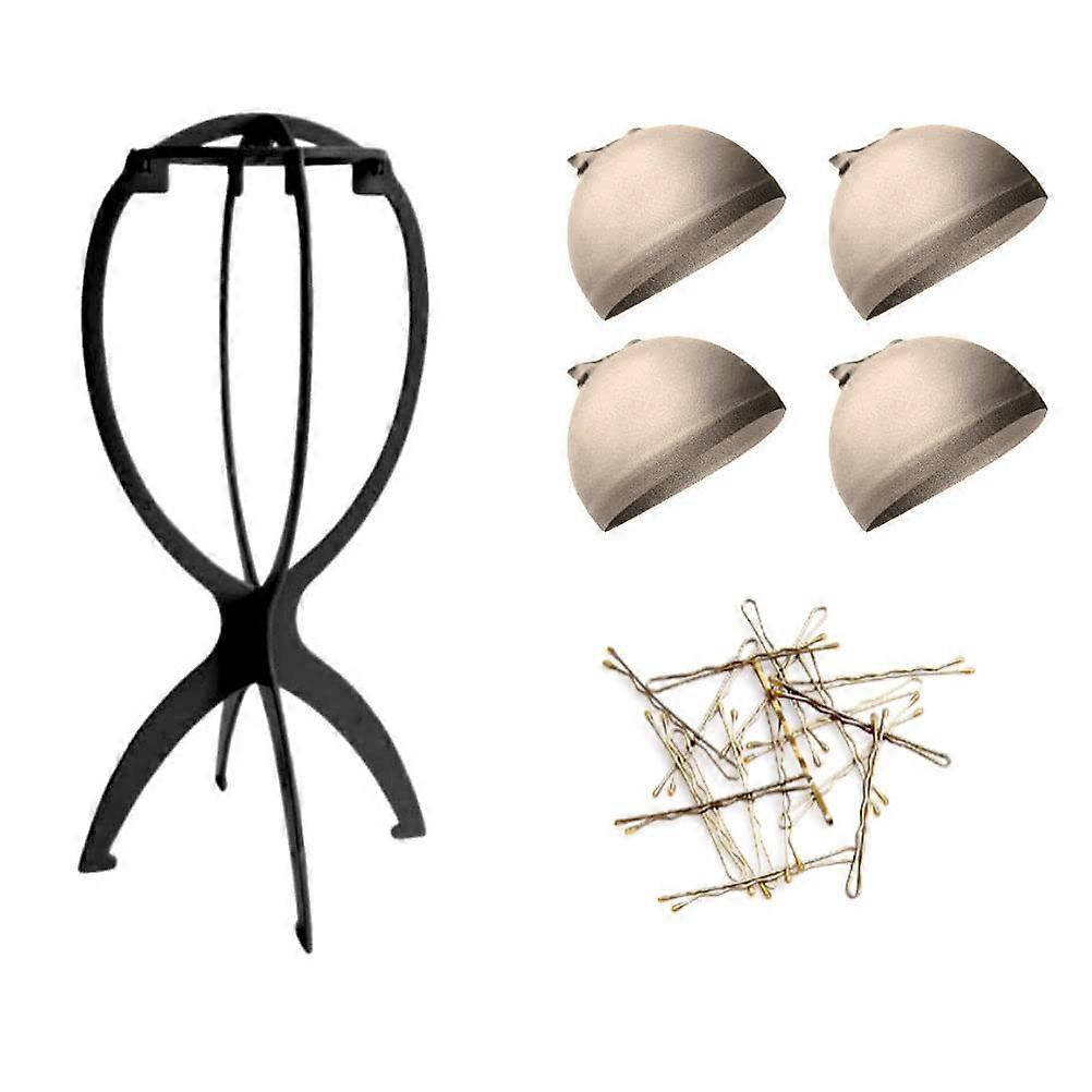 Foldable Black Wig Stand with Wig Caps for Styling and Storage