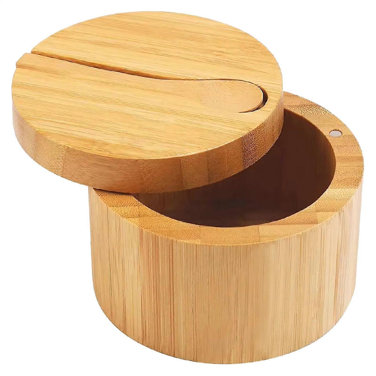 Wooden Salt Container with Magnetic Rotating Lid for Kitchen Storage