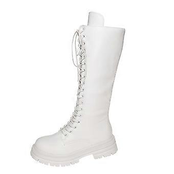 Botas femininas brancas de cano alto com salto grosso, plataforma, cadarço e sola antiderrapante, tamanho 4,5 UK.
