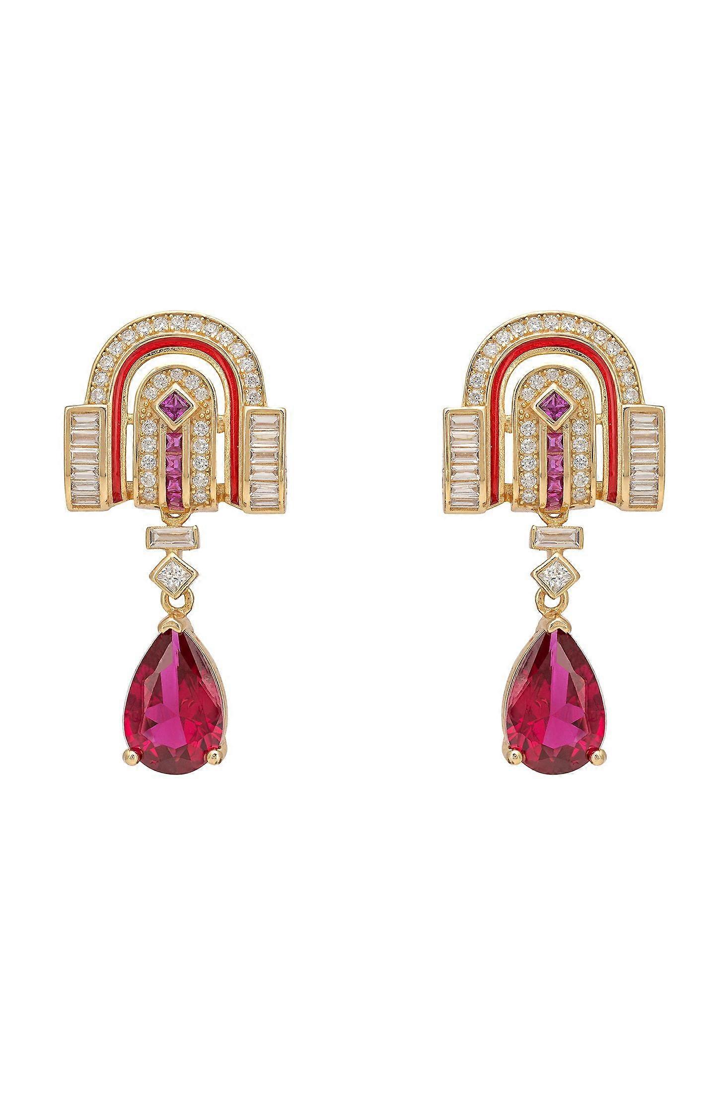 Latelita Ruby Red Art Deco Drop Earrings for Women, 925 Sterling Silver with 18ct Gold Finish and Lab-Grown Ruby - Ruby Red