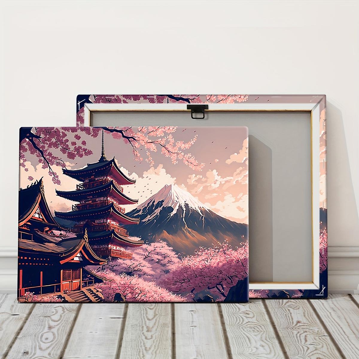 1pc Wooden Framed Canvas Painting Nordic Style Landscape Of Japanese Architecture Canvas Posters Art For Home Decoration Pattern Wall Art Decor