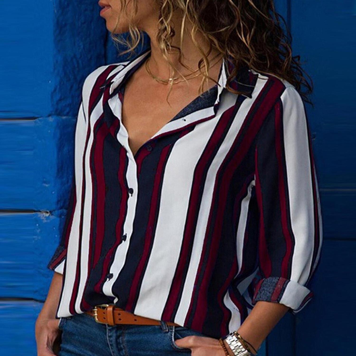 Camicia con scollo a V Donne casual con polsini lunghi a maniche lunghe abbottonate a righe camicia top