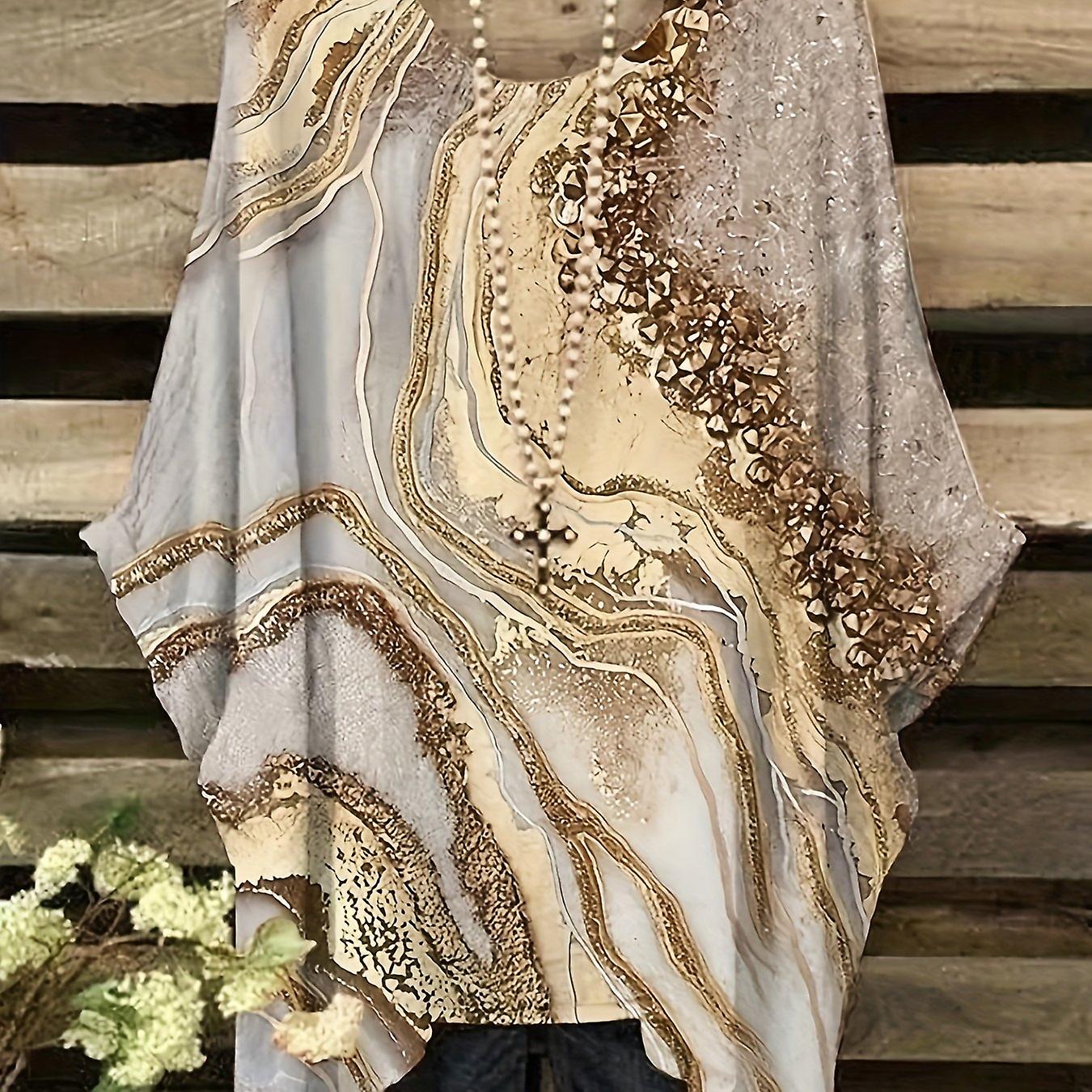 Plus Size Casual Top Damen Plus Marmor Print Langarm Rundhalsausschnitt Asymmetrischer Saum Leichtes Stretch Top