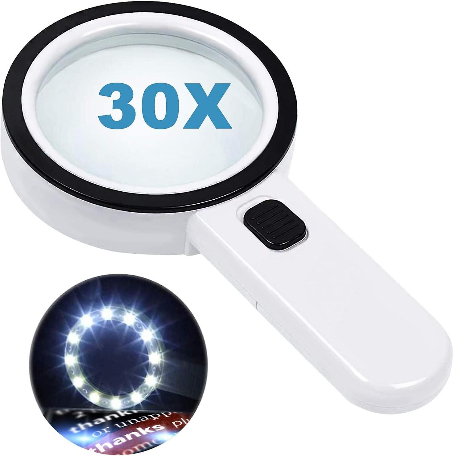 Magnifying Glass with 12 LED Lights, 30x Double Glass Lens Handheld Illuminated Magnifier Reading Magnifying Glass