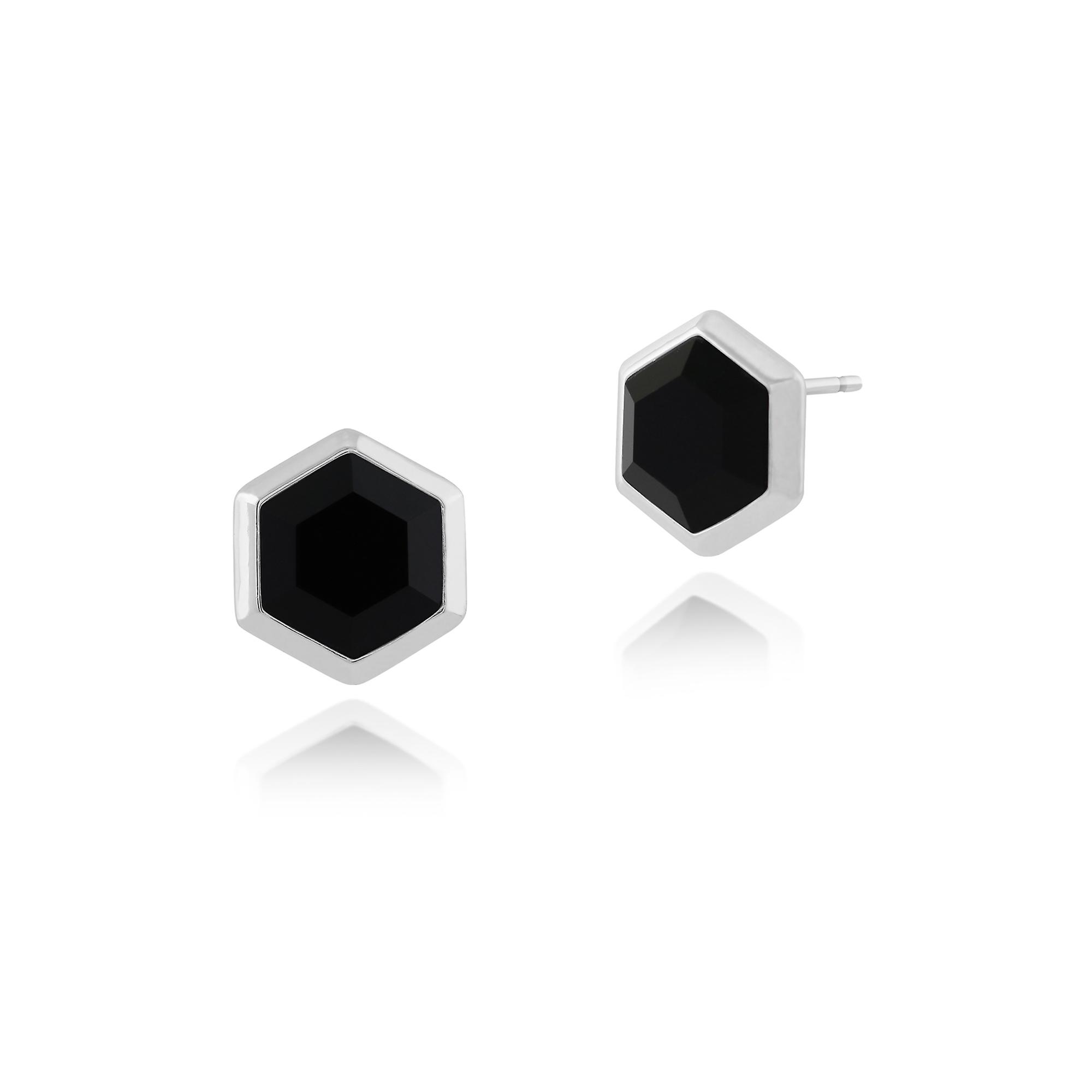 Geometric Hexagon Black Onyx Prism Drop Earrings in 925 Sterling Silver 271E014501925