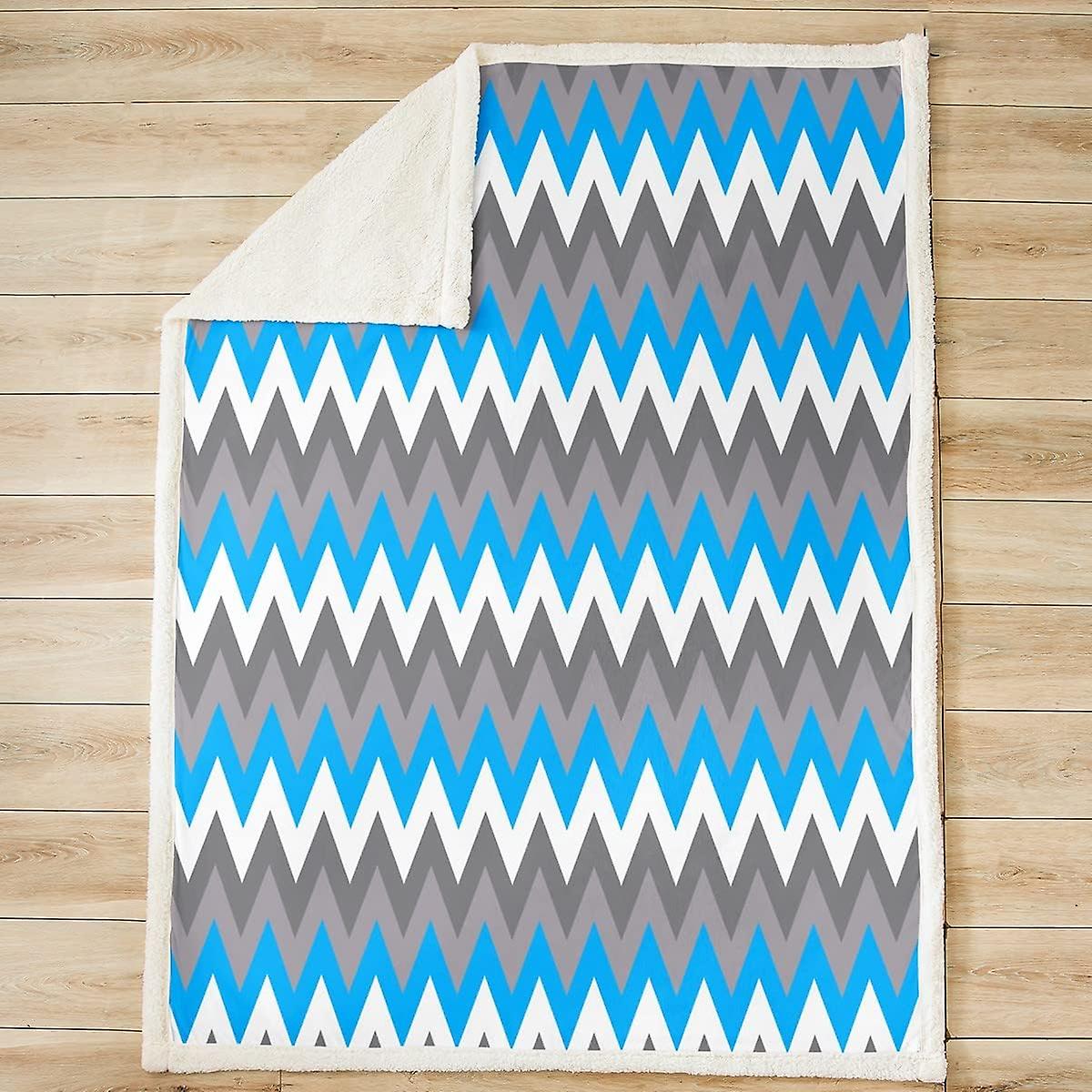Blue Grey and White Plush Blanket Geometric Wave Stripes Fleece Throw Blanket Geometry Sherpa Blanket for Bed Sofa Modern Abstract Art Fuzzy Blanket