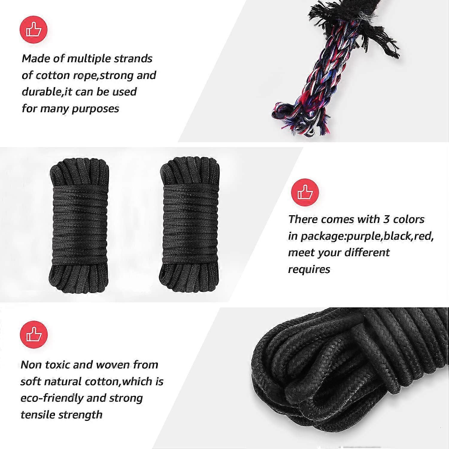 Set of 2 multipurpose soft cotton ropes, natural, durable, 8 mm, multipurpose, thick cotton rope - 2 Black