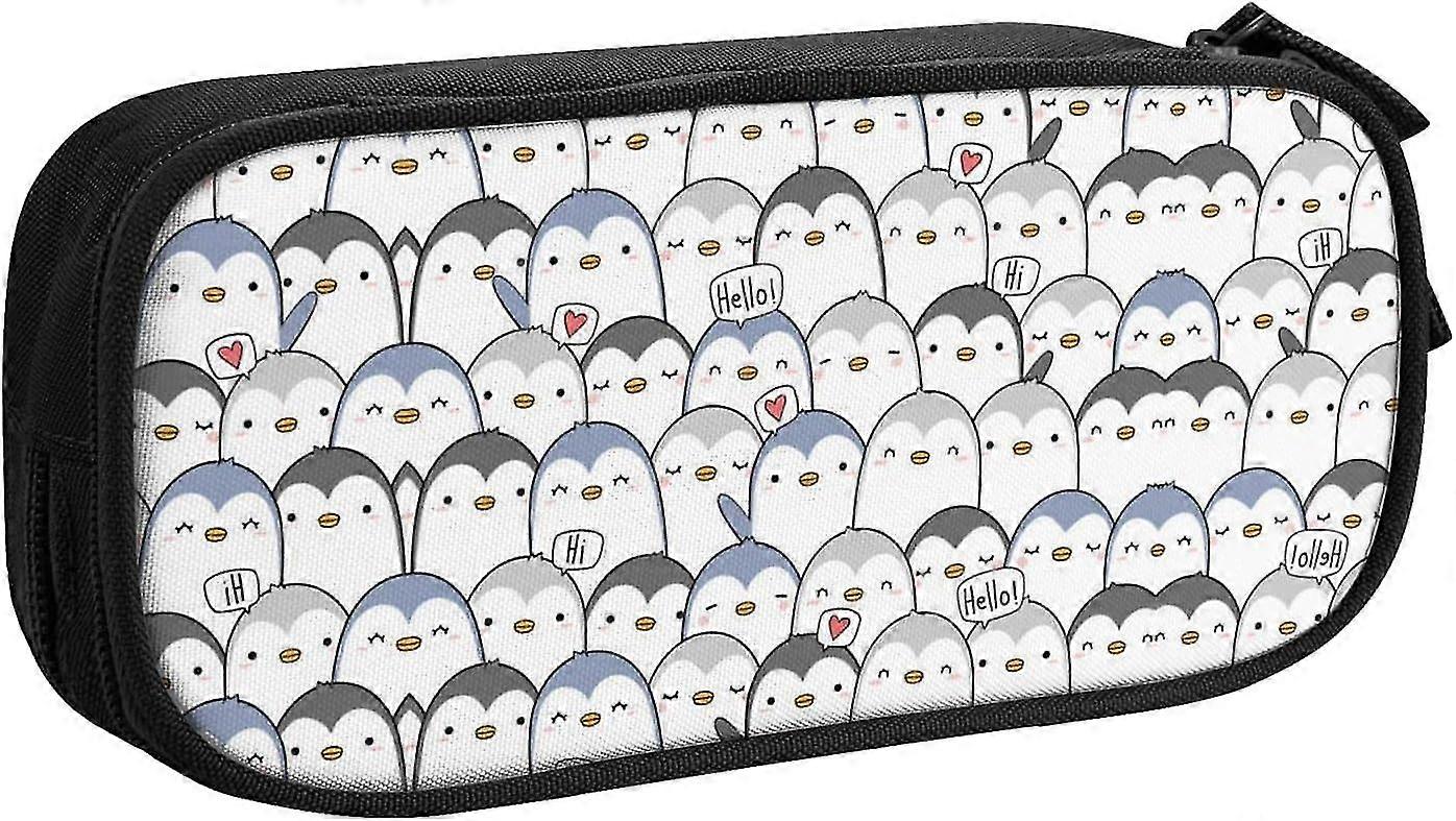 Mignon Penguin Print Pencase, Grande Trousse À Crayons Grande Capacité 3 Compartiments Pochette À Crayons En Toile35966
