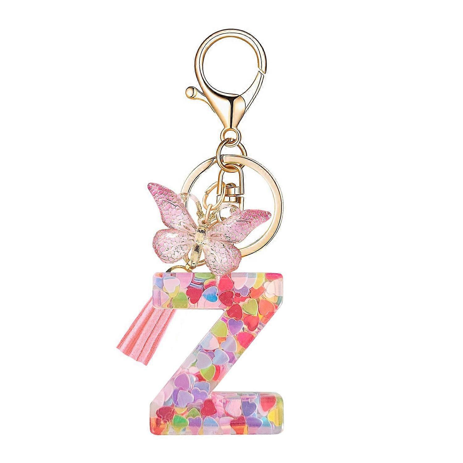 Epoxy Resin English Alphabet Keychain Heart-Shaped Sequins Butterflies Tassel Alphabet Keyring