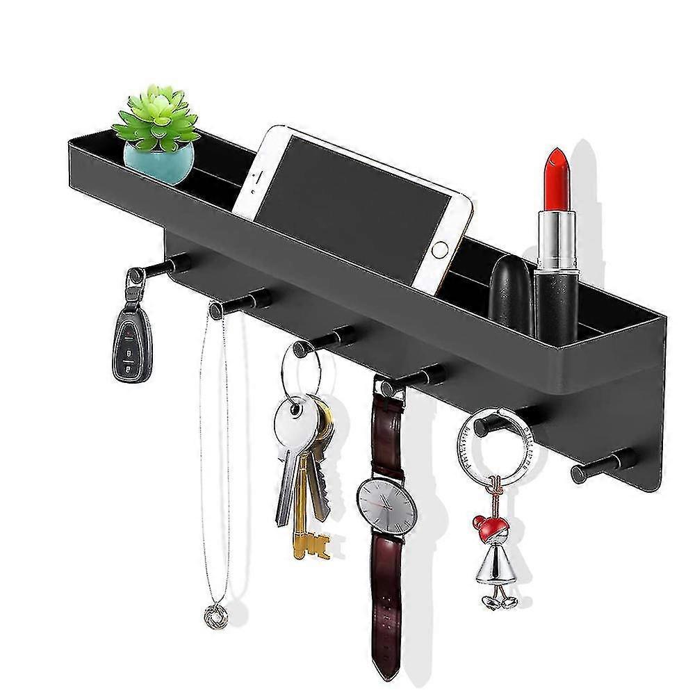 key holder with shelf, 6 hooks, self-adhesive key organizer black