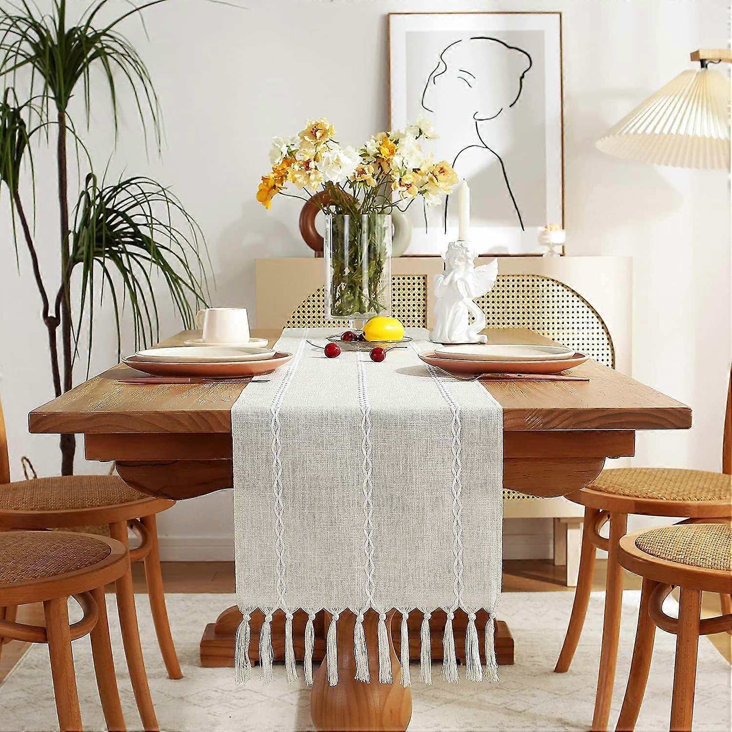 QQDD Rustic Farmhouse Style Linen Table Runner, Boho Embroidered Table Runners 90 inches Long with Tassels compatible with Holiday Party and Dining Ro