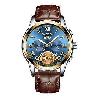 FNGEEN 4001 Reloj no mecánico para hombre Reloj de cuarzo multifunción, color: marrón cuero dorado azul superficie