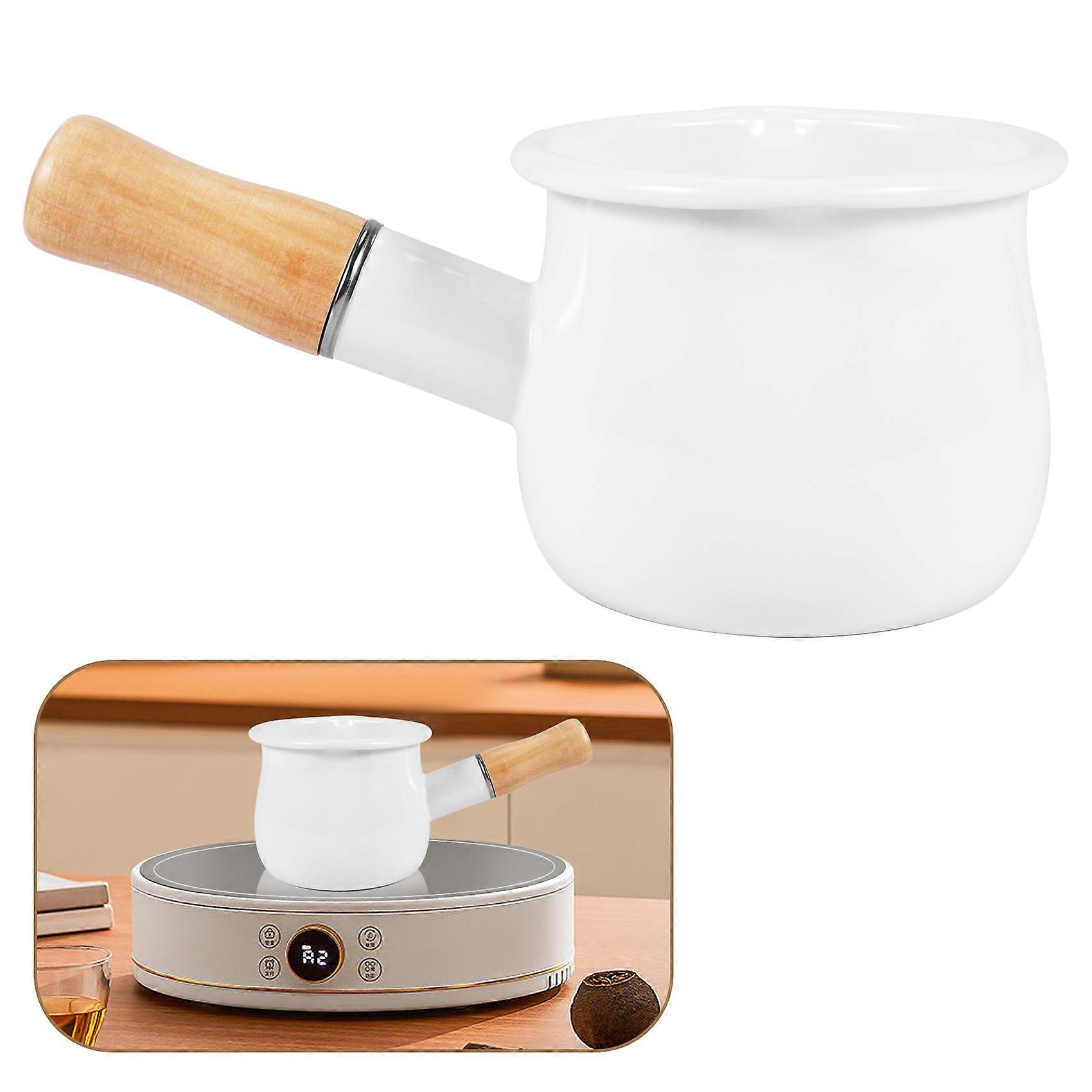 Enamel Milk Pan, Mini Butter Warmer 10cm Enamelware Saucepan Pan Cookware with Wooden Handle, Perfe