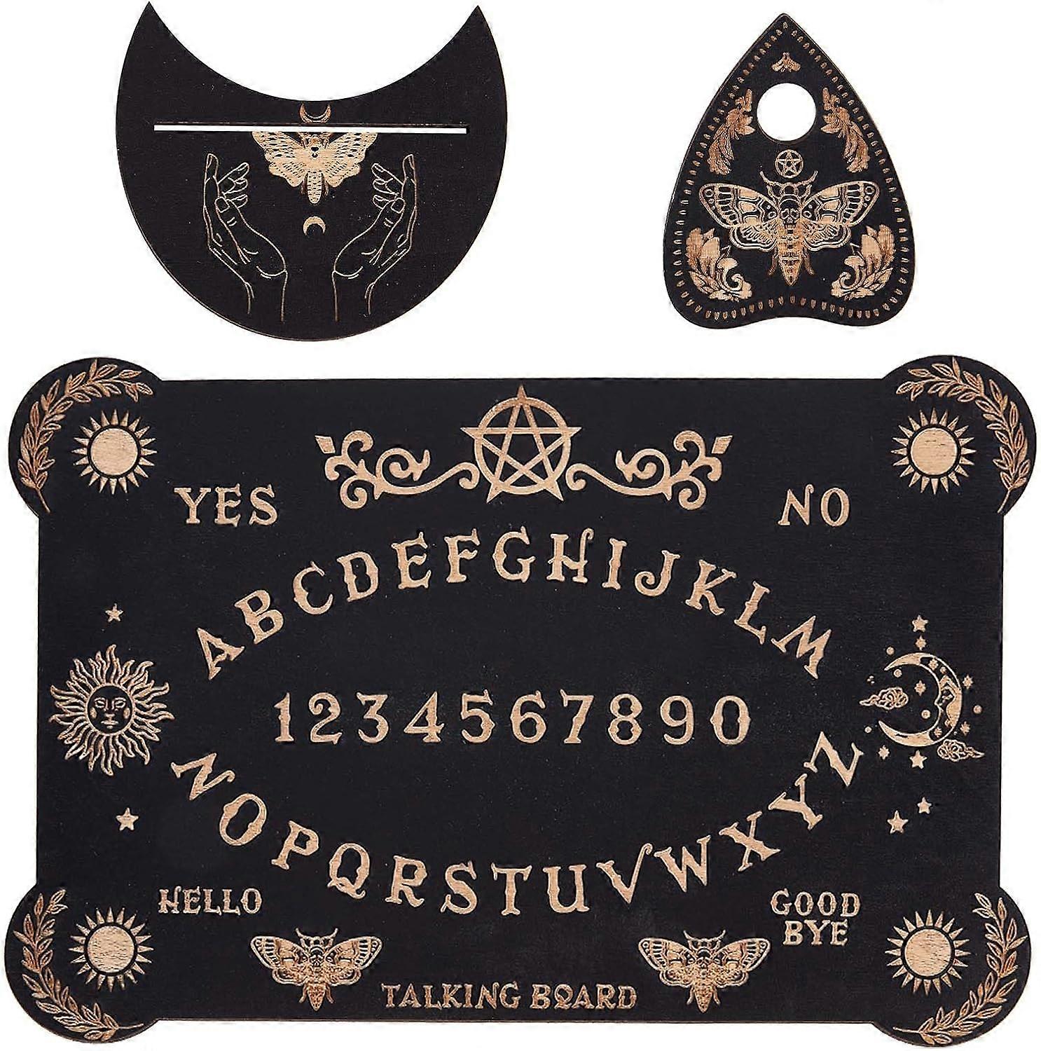 3Pcs Wooden Spirit Board Kit Tarot Card Stand Holder Moth Divination Board Set with Planchette Black Altar Card Display Stand Rectangle Talking Board