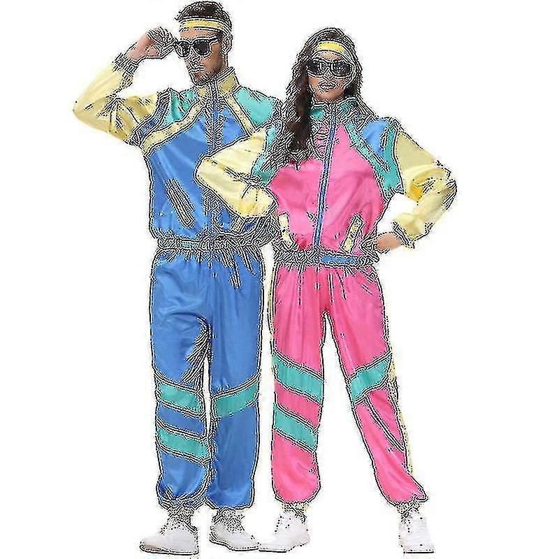 Herr- och damträningsoveraller från 80-talet, retro, hiphop, vindjacka, disco, träningsoveraller, set med färgblock, vindjacka, resår i midjan