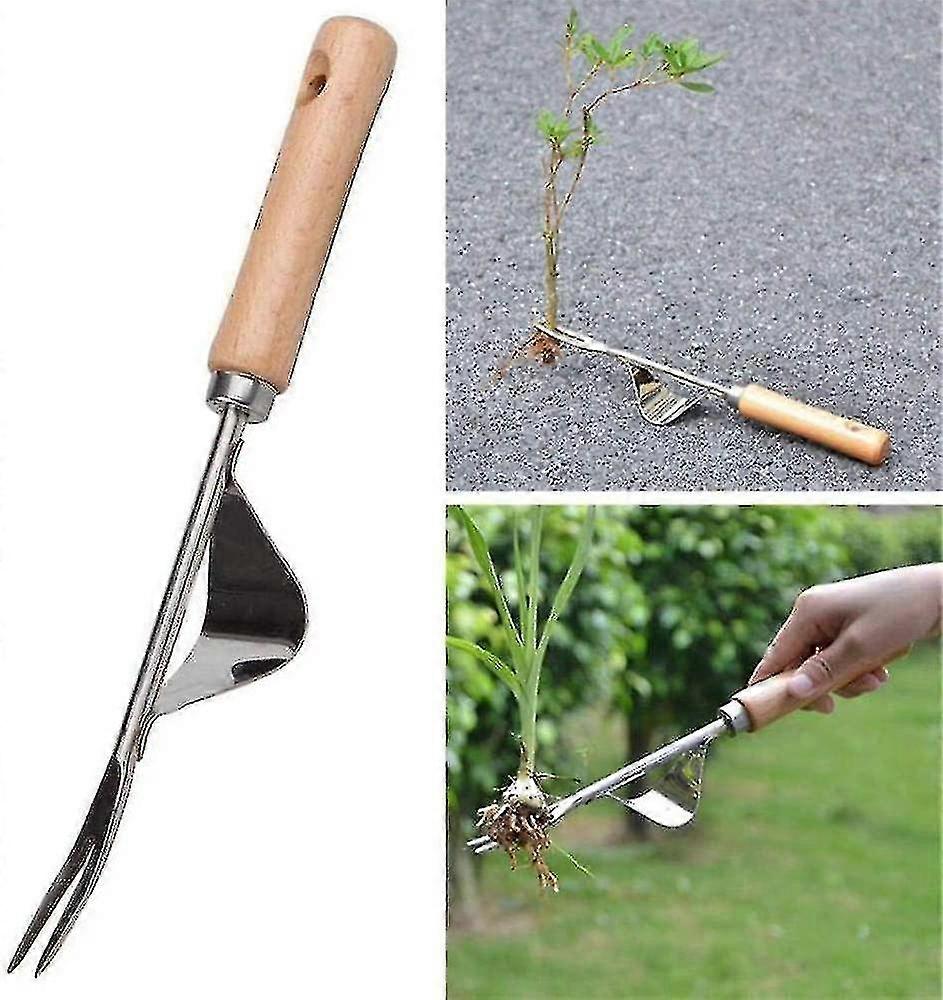 Hand Weeder Stainless Steel Manual Root Weeding Fork Wood Handle Weeding Tool