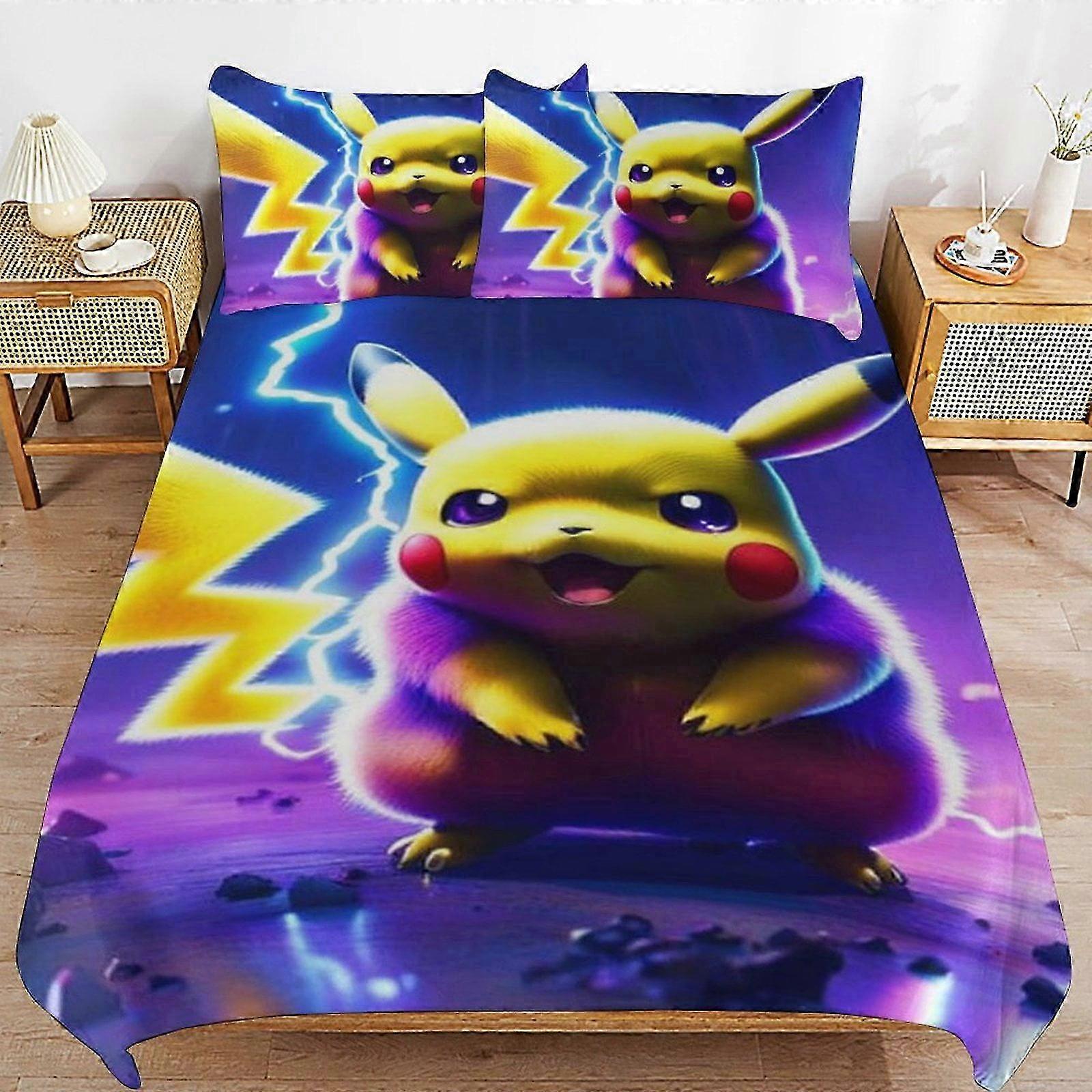 o1323 Prostěradla Pi--chu Povlečení na postel Povlečení z mikrovlákna Se3D tištěná lehká 3dílná přikrývka Se (1 povlak na přikrývku a 2 povlaky na polštář) Prostěradla