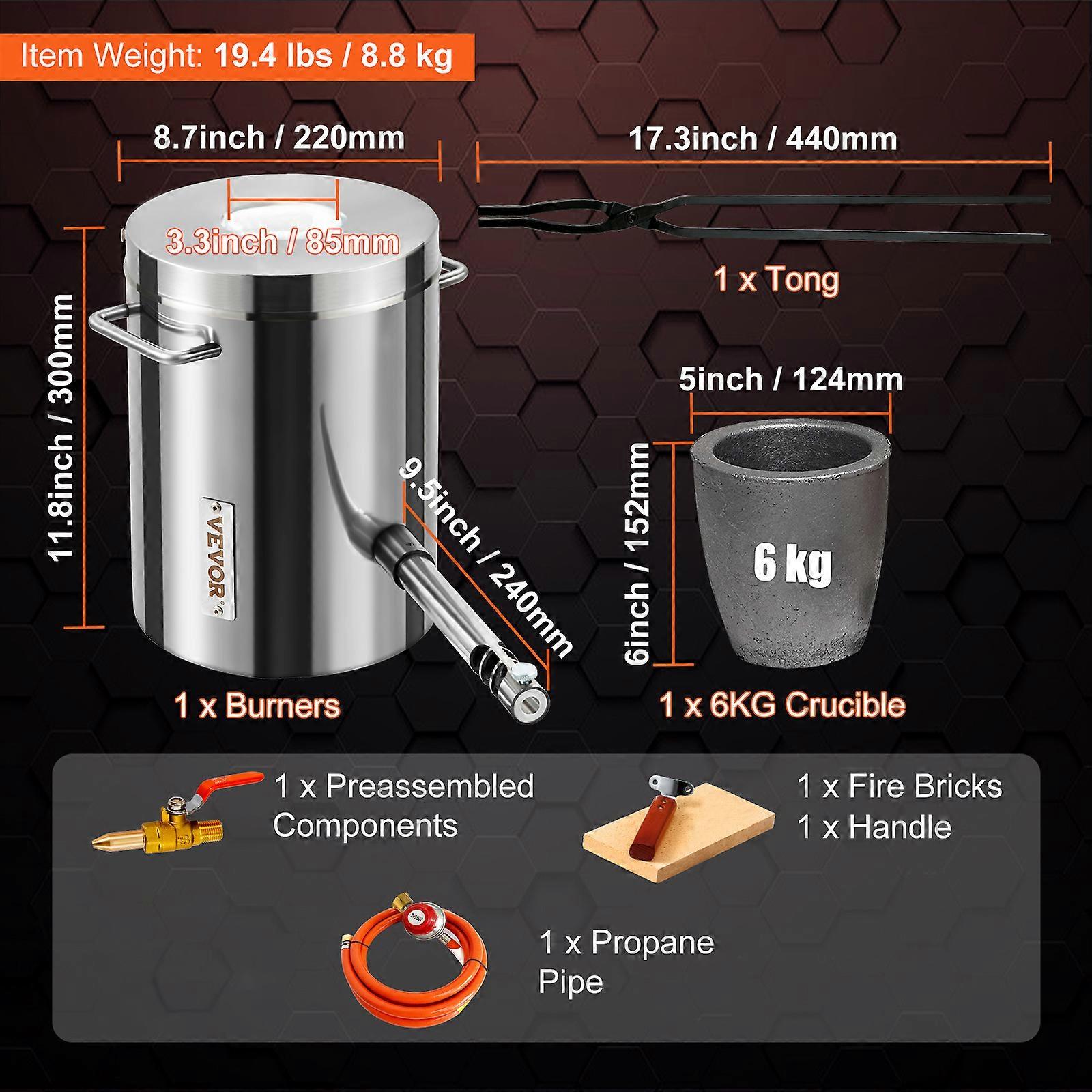 VEVOR Propaan smeltoven Kit, 6KG grote capaciteit gieterij huis ovens, smeden smeden met smeltkroes & tang oven, roestvrij staal Smelter, voor metalen schroot Recycle, Goud koper zilver gieten