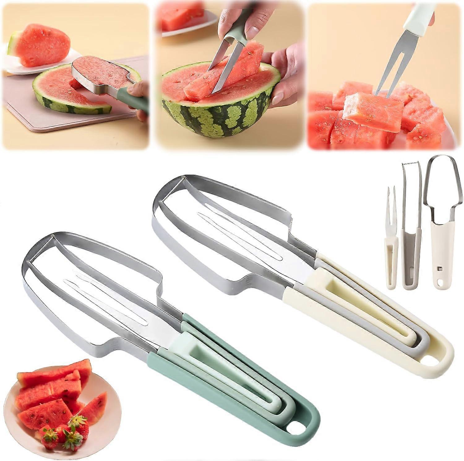3-i-1 vannmelon gaffel slicer kutter, rustfritt stål vannmelon ispinne cutter vannmelon kutter slicer verktøy, 100% ny