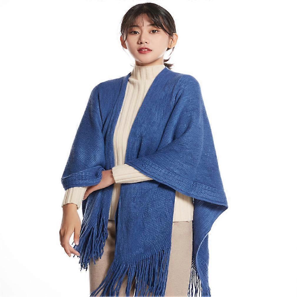 Solid Blue Poncho Pashmina Shawl Wrap Fringed Hem Winter Sweater Coat for Lady