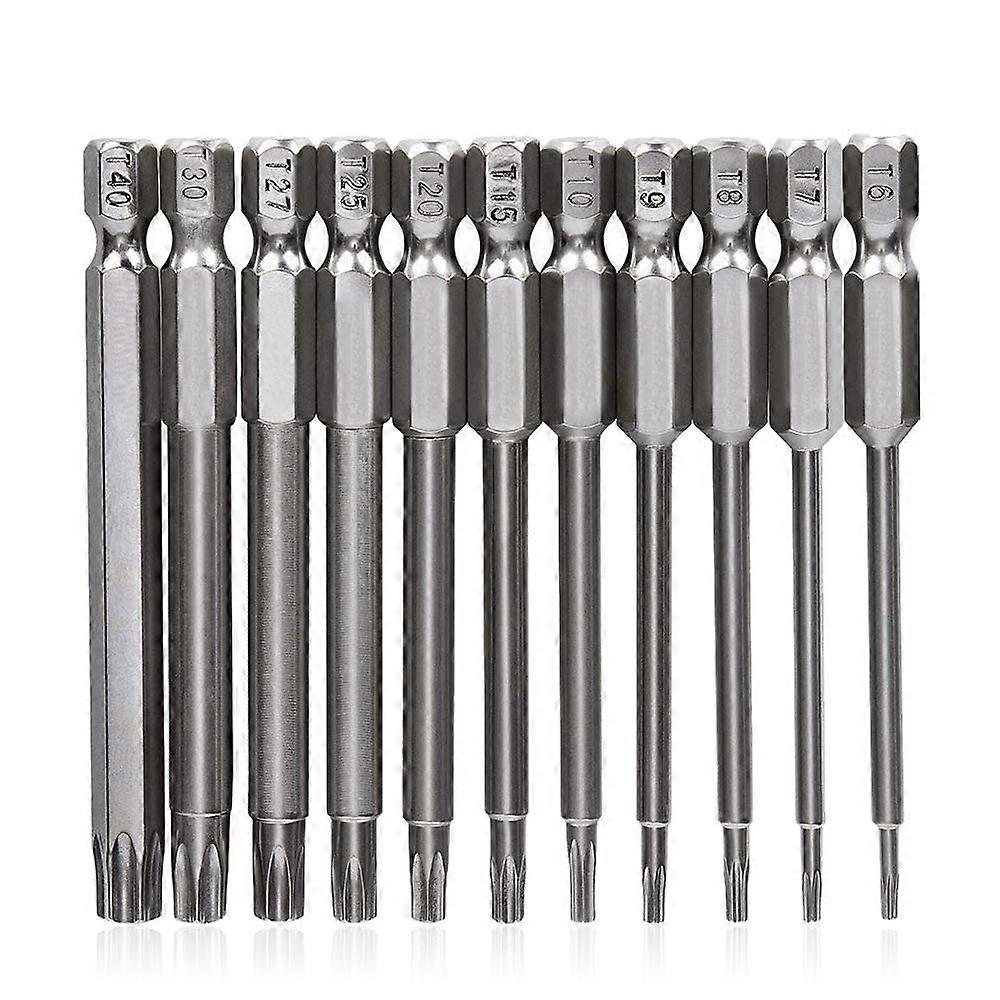 11 Pieces 1/4 Inch Hex Shank Torx Security Head Screw Driver Bit Magnetic Star S2 Steel Screwdriver Set Bits T6-T40, 75mm Long
