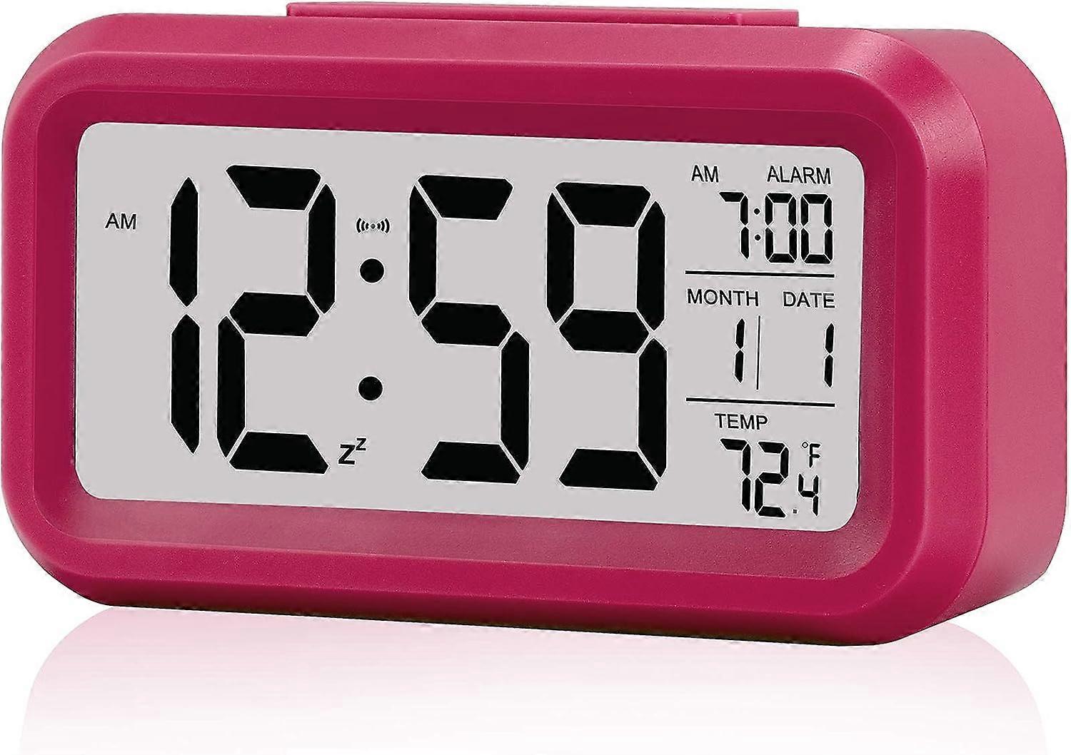 Digital alarm clock, battery powered, with smart night light, date, room temperature, LCD electronic clock in bedroom, home, office, living room-red