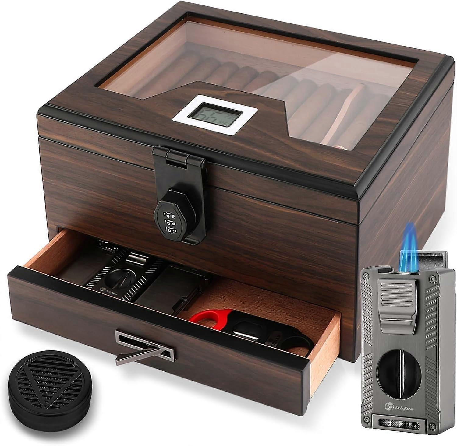 Cigar Humidor and Cigar Lighter Kit, Cedar Wood Cigar Case with Digital Hygrometer & Combo Lock