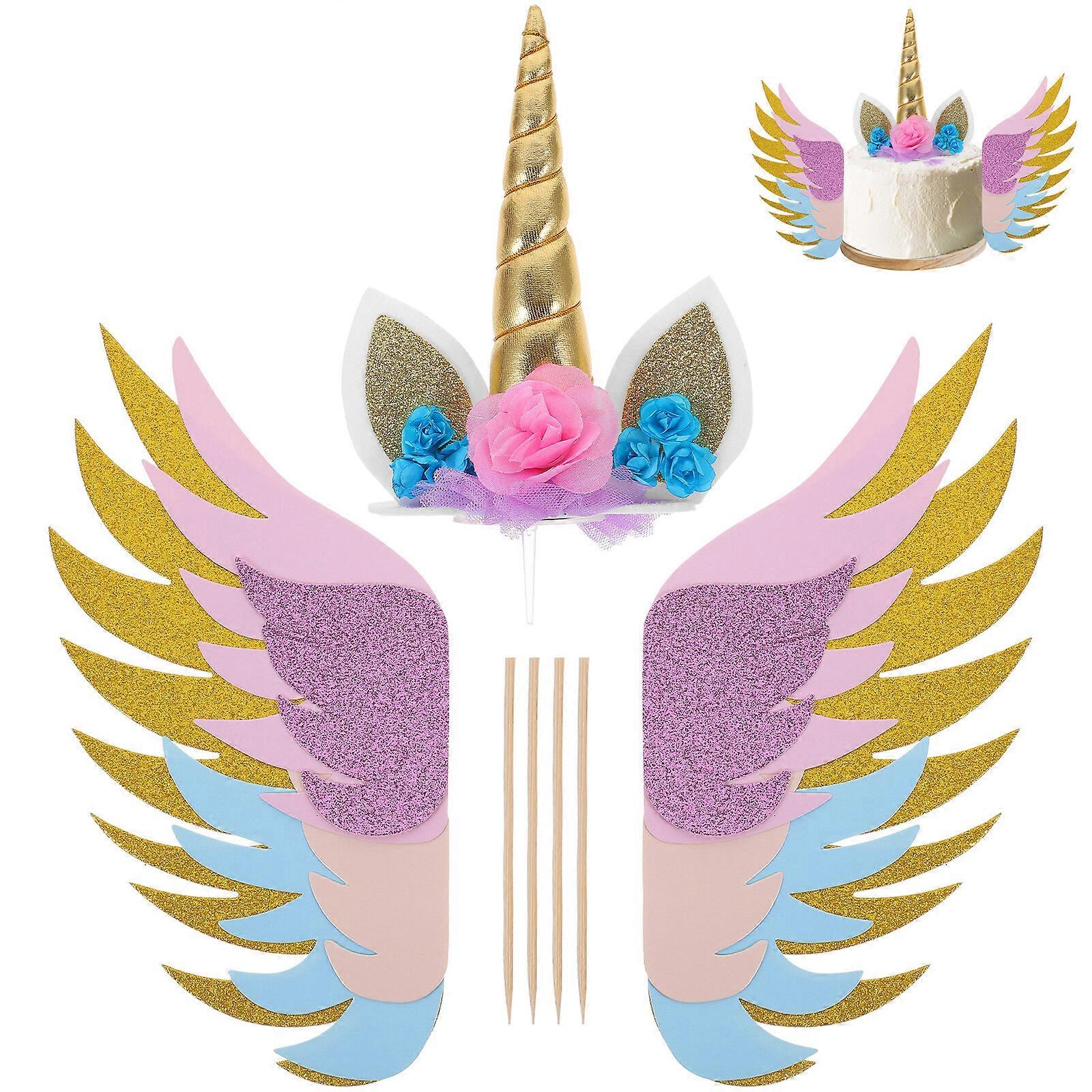 3 Pcs Glitter Paper Cake Insertion Unicorn Wings Cake Cupcake Toppers Decoration (Unicorn Topper + 1 Pair of Wings)