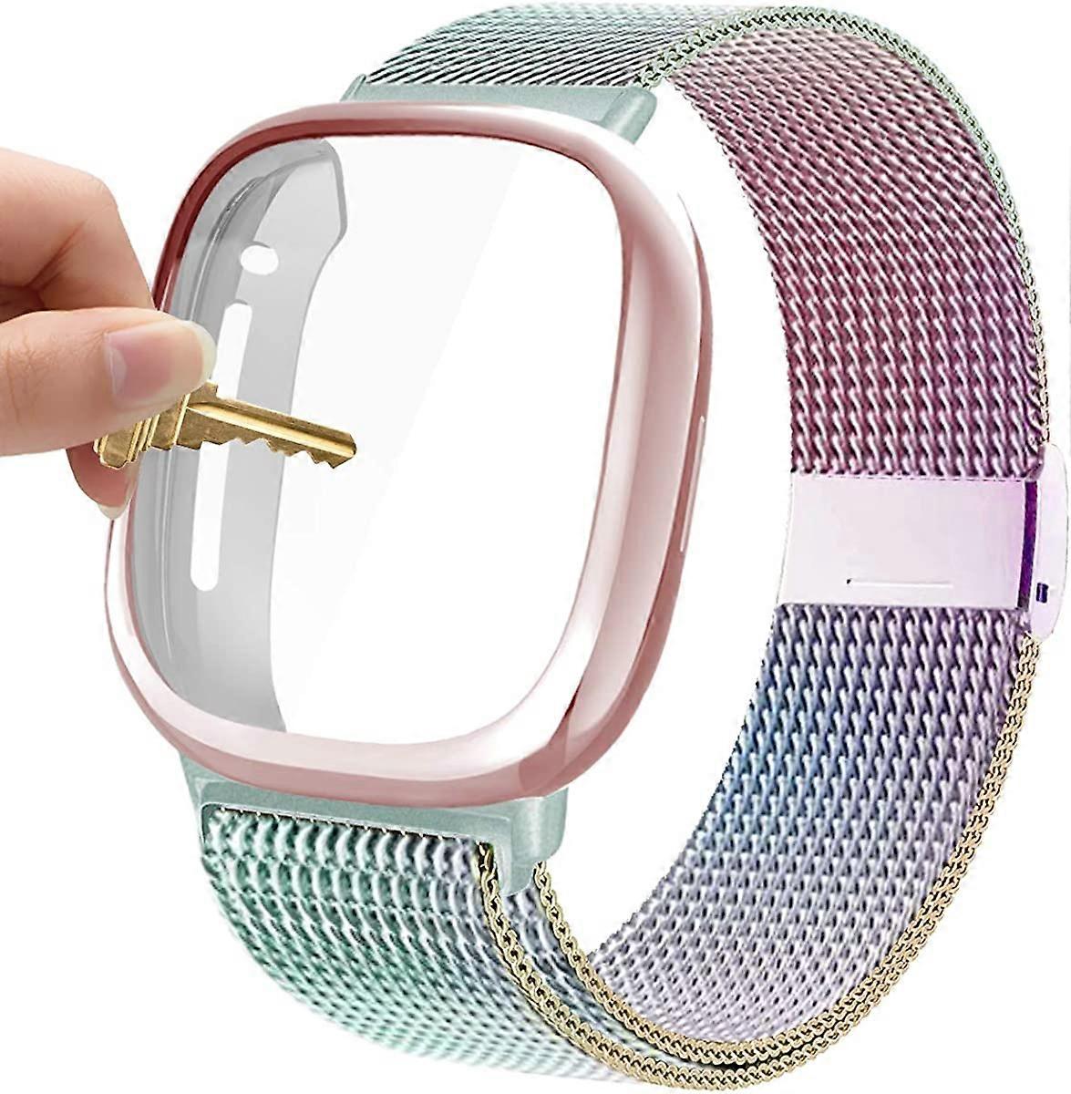 Fitbit Sense / Versa 3バンド、Versa3ステンレススチールメタルバンドメッシュ交換用ブレスレットリストバンド、保護ケース付き互換性ウィットに対応