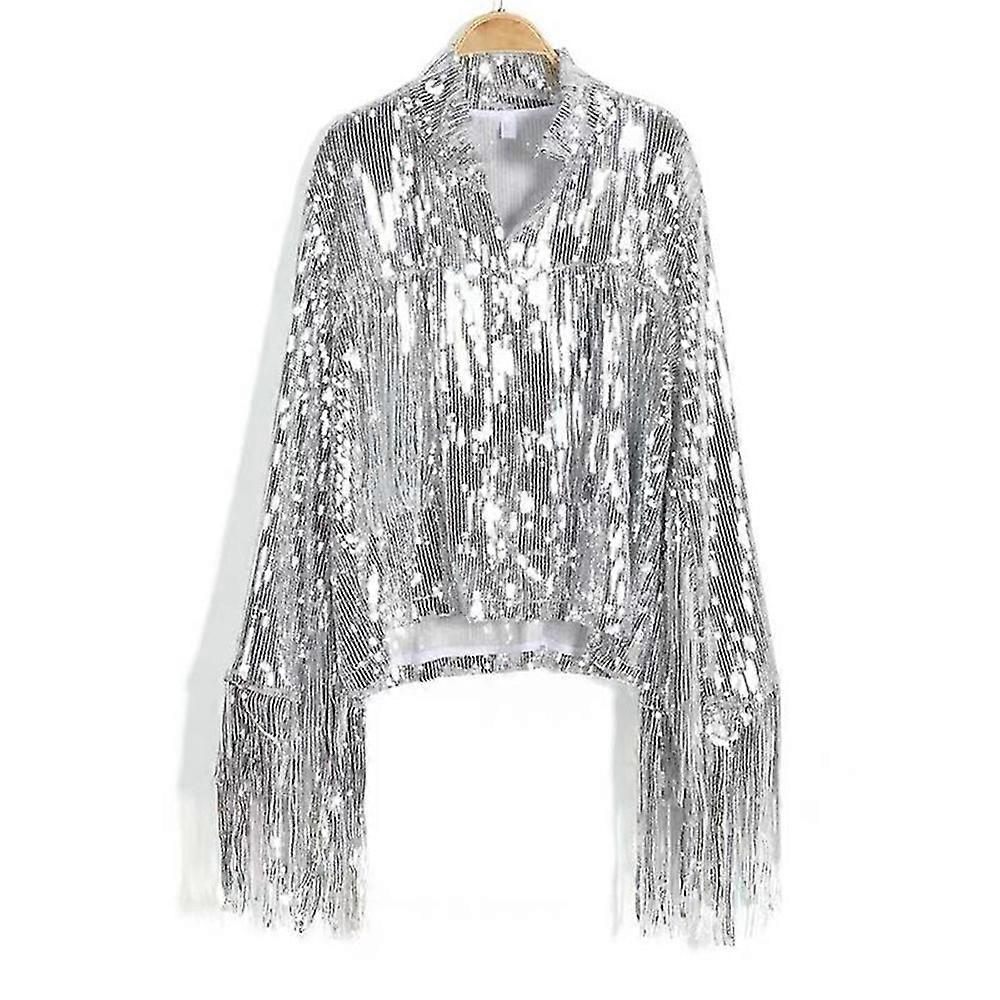 Womens Shiny Sequin Jacket Cardigan Tassel Jacket Coat Party Dress Top