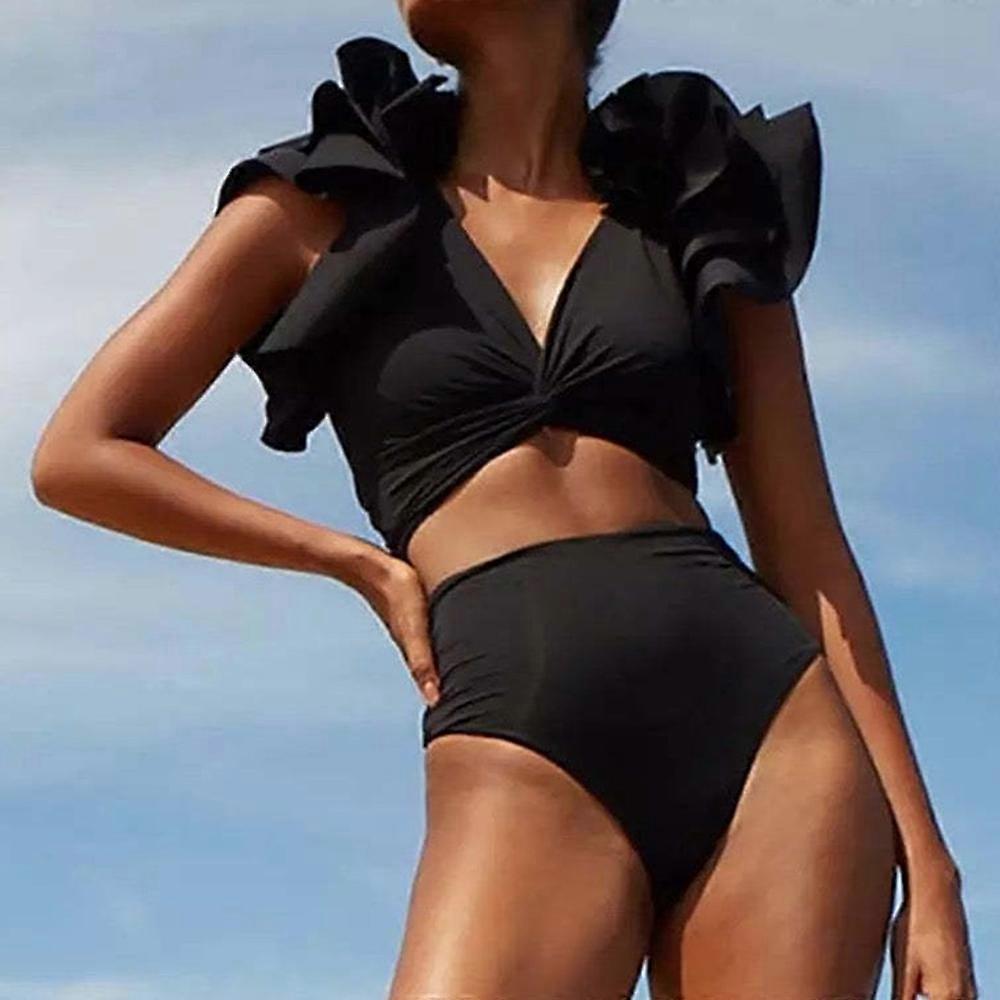 V-hals Sort Bikini Flæse Badetøj Kvinder Høj talje Badedragt Trykte badegæster Badning Svømning Badedragt Strandtøj